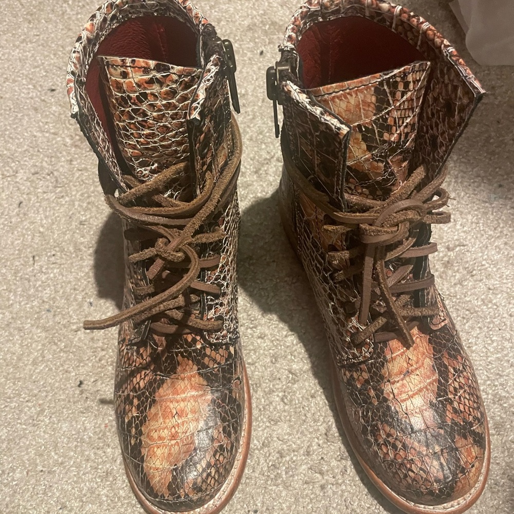 Freebird by Steven Manchester Snakeskin Combat Boots - Brown and Blush